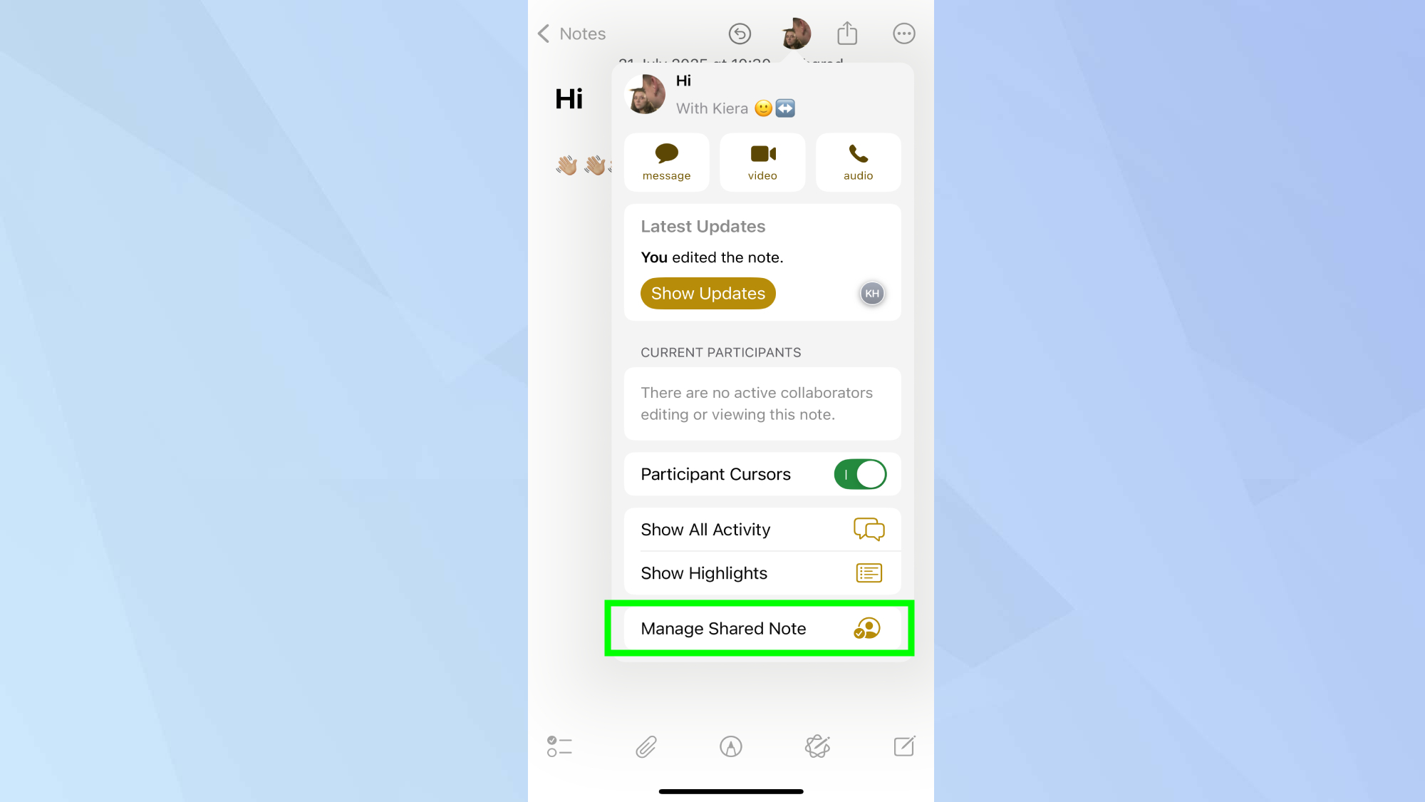 Manage shared note