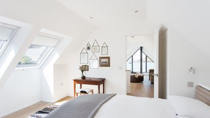 Attic bedroom with skylights in roof and small gallery wall area