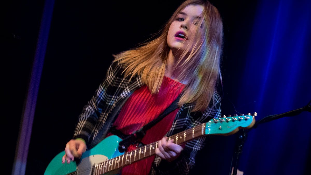 False Advertising singer and drummer Jen Hingley performs with the band at Band On The Wall Manchester on January 12, 2018 in Manchester, England.