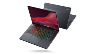 Acer Chromebook 516 GE floating render showing RGB keyboard