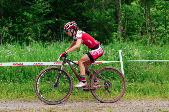 Lea Davison (Specialized) on one of the few flat sections of the course