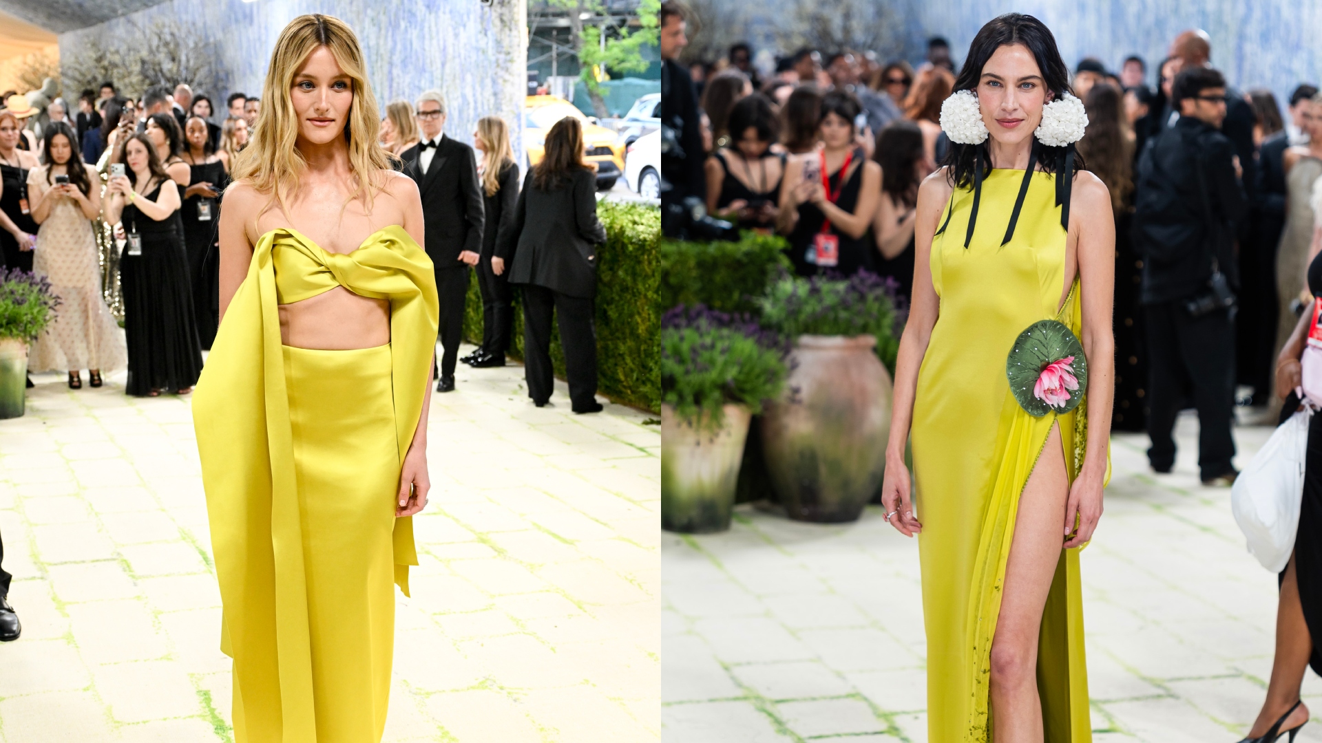 An image of the Alexa Chung and Sarah Pidgeon wearing the chartreuse colour trend at the 2026 Met Gala.