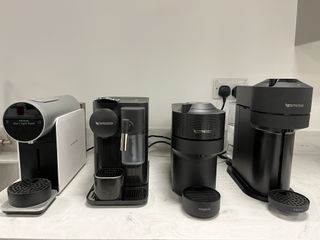 A Morning Coffee Maker lined up next to a Nespresso Latissima One, a Nespresso Vertuo Pop, and a Nespresso Vertuo Next
