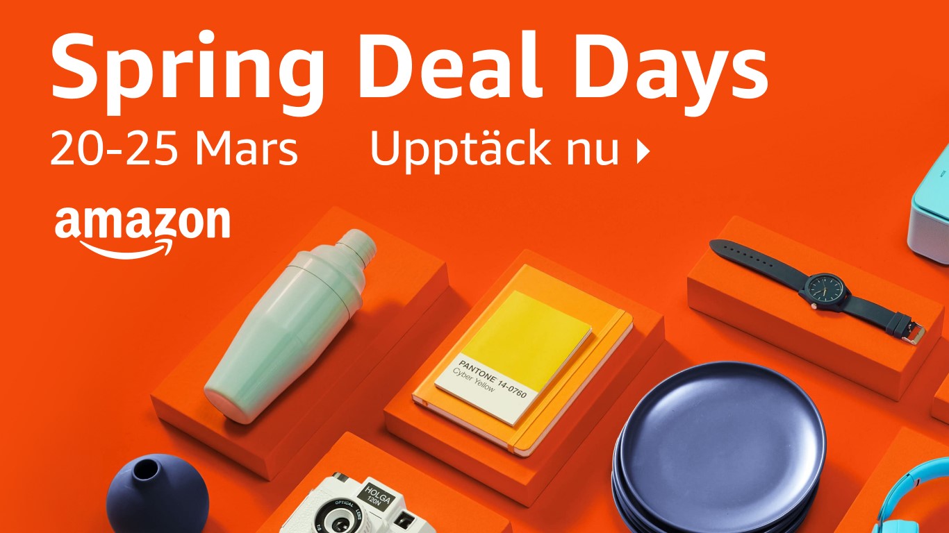 Kampanjbild för Amazon Spring Deal Days 2024 med ett gäng teknikprylar som ligger utspridda mot en orange bakgrund.