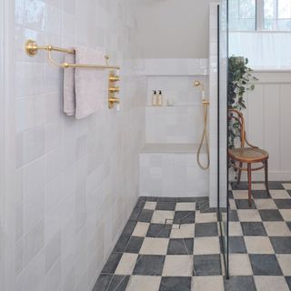 wetroom with chequerboard tiles flooring