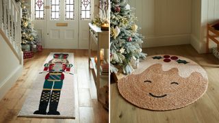 Dunelm Christmas doormats runners and rugs in a hallway with wooden floors and a white front door