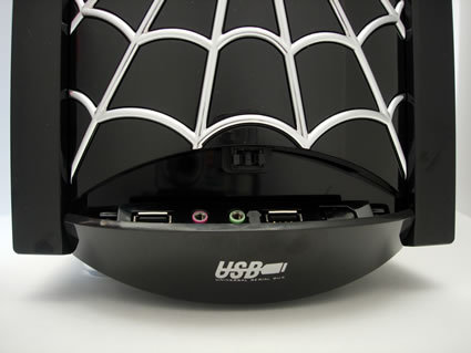 The flip top opens on an angle which is a bit odd but could be helpful if the case is sitting below you. Inside the flip open door are 1 x USB port, microphone and headphone jacks and another 1 x USB port.