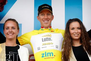 Sep Vanmarcke in yellow on the final podium of the Ster ZLM Toer.