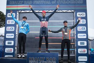 Really Rad Festival of Cyclocross day 2, 2023: Men's podium with Curtis White first, Luke Valenti second and Dylan Zakrajsek third