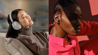 Woman wearing Sony WH-1000XM5 and man wearing Bose QuietComfort Ultra earbuds.
