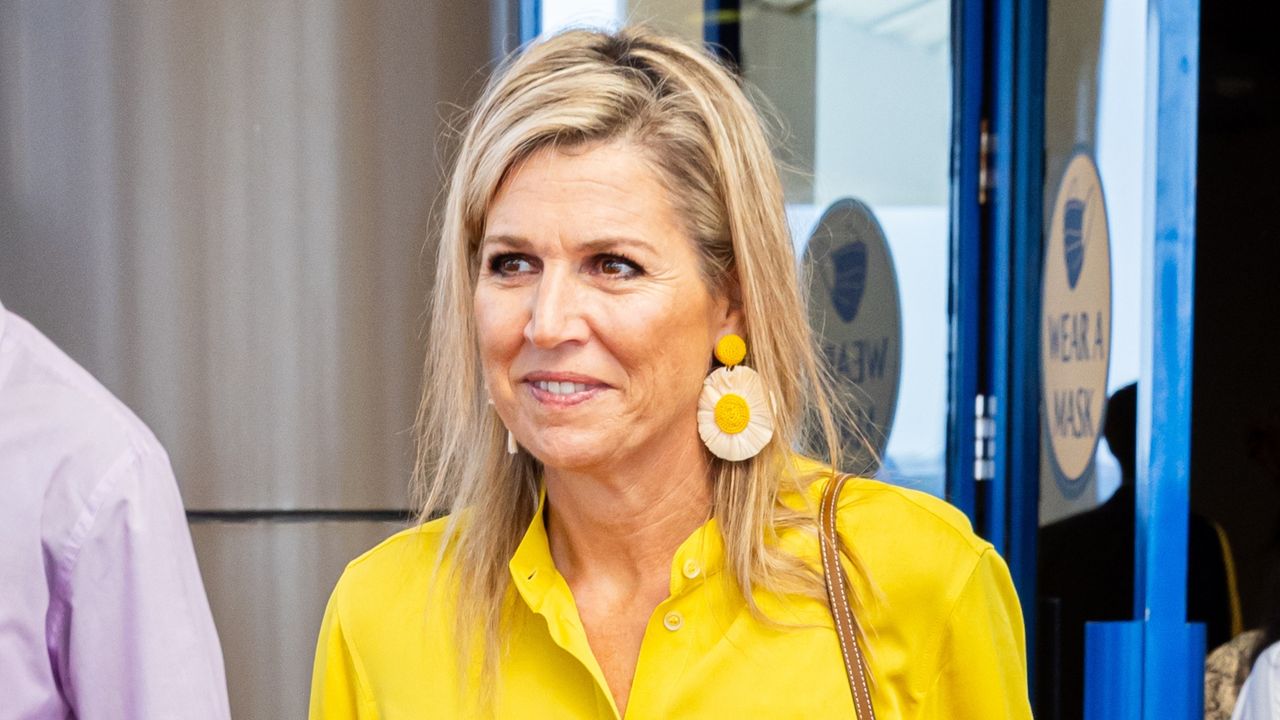 Queen Maxima of The Netherlands is pictured wearing a yellow blouse and daisy earrings as she&#039;s welcomed by the Governor of Kisumu Peter Anyang Nyong on October 23, 2023 in Kisumu, Kenya. Queen Maxima visits Kenya in her capacity as United Nation Secretary Generals Special Advocate for Inclusive Finance for Development.