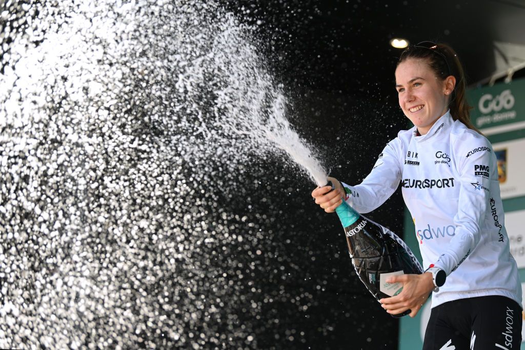 SAN LORENZO DORSINO ITALY JULY 09 Niamh FisherBlack of New Zealand and Team SD Worx White Best Young Jersey celebrates at podium during the 33rd Giro dItalia Donne 2022 Stage 9 a 1128km stage from San Michele AllAdige to San Lorenzo Dorsino 727m GiroDonne UCIWWT on July 09 2022 in San Lorenzo Dorsino Italy Photo by Dario BelingheriGetty Images