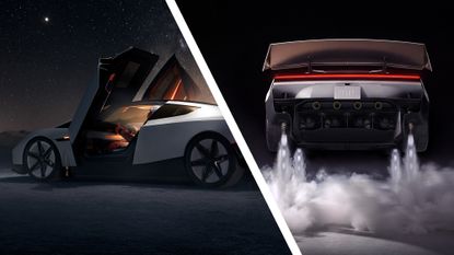 The Tesla Roadster with its doors up next to an image of it flying