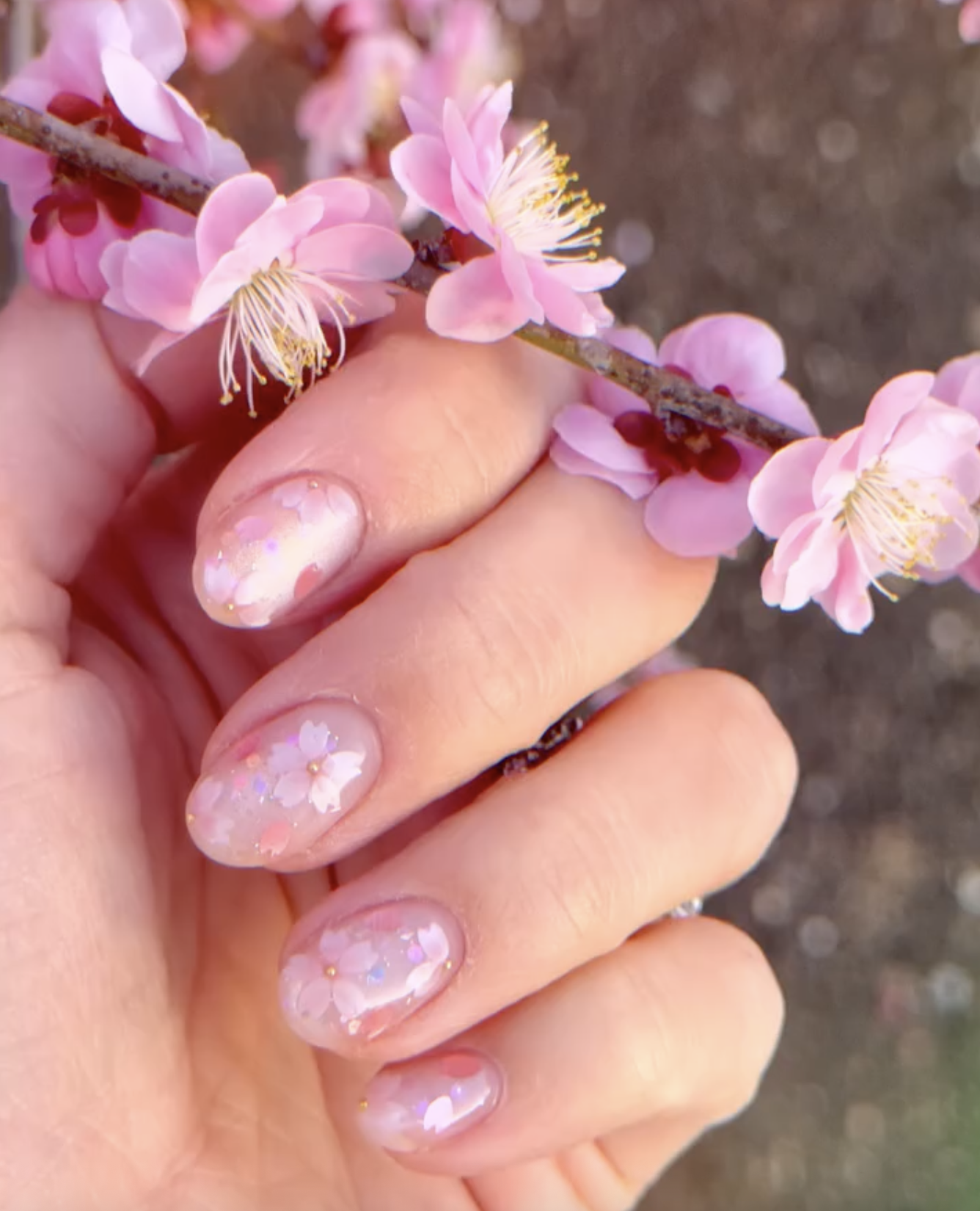 shimmery cherry blossom nails