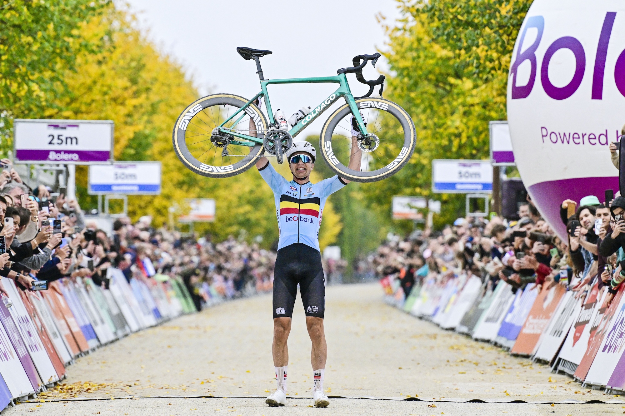 Belgian Florian Vermeersch celebrates as he crosses the finish line to win the men elite race at the UCI World Gravel Championships, Sunday 12 October 2025, in Maastricht, The Netherlands. BELGA PHOTO DIRK WAEM (Photo by DIRK WAEM / BELGA MAG / Belga via AFP)