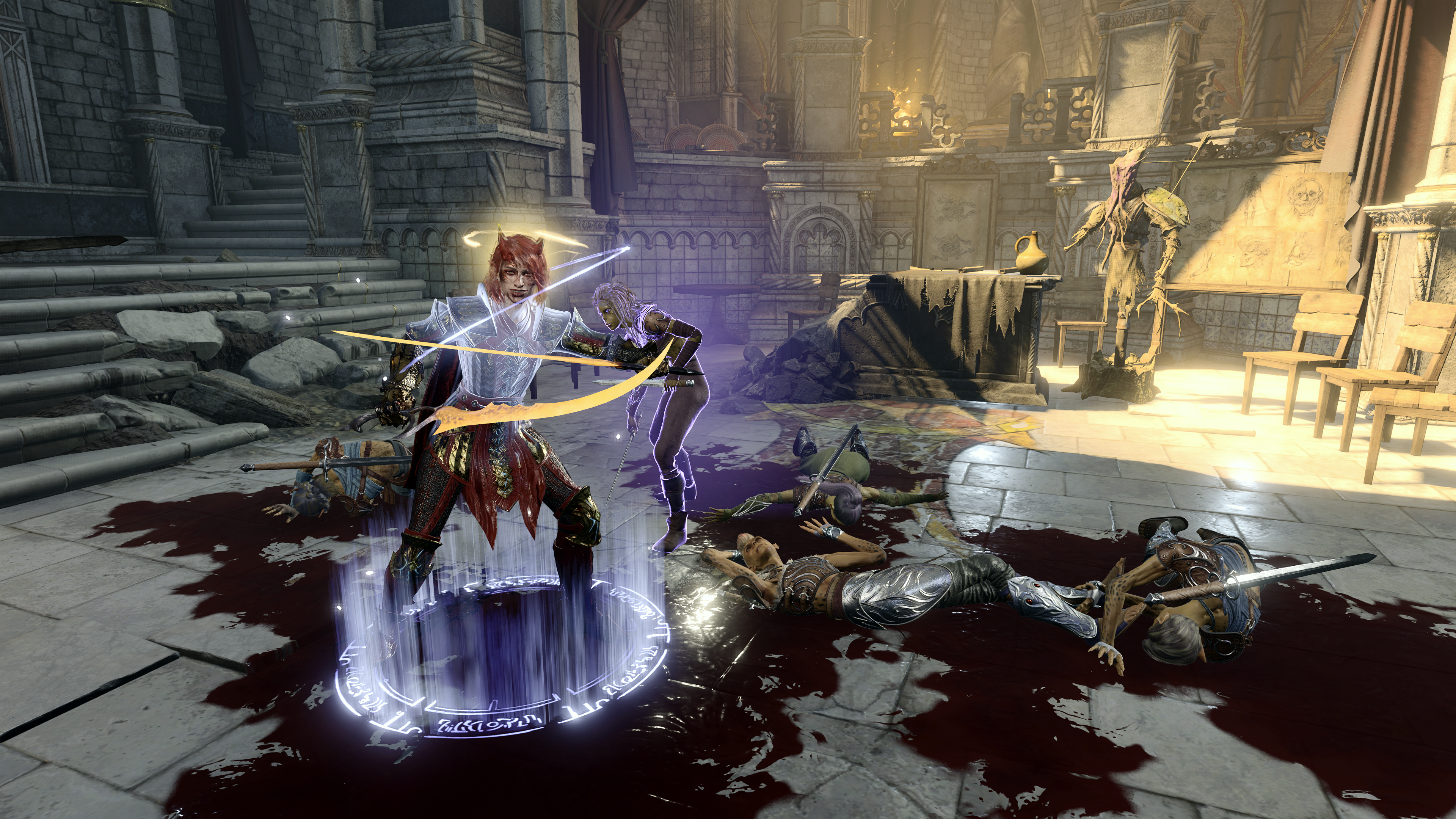 Baldur's Gate 3 screenshots showing female Dark Urge wielding twin flame blades