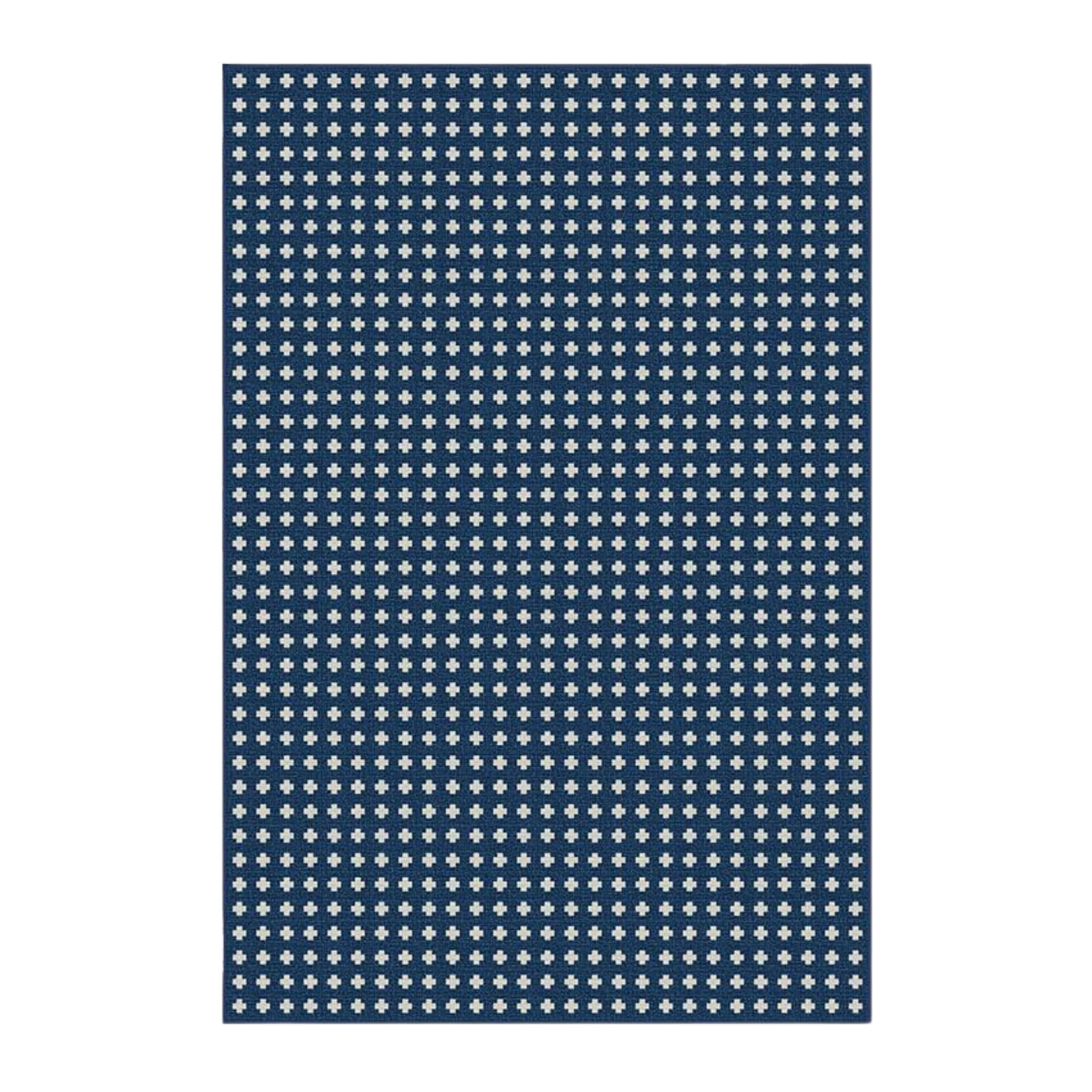 an outdoor rug with white and blue checks