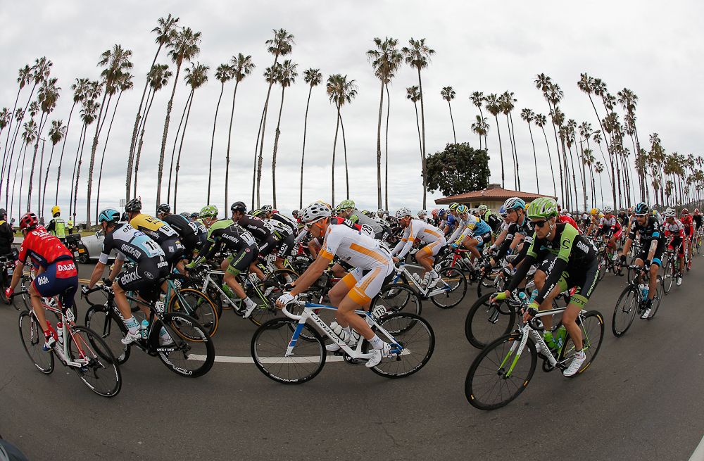 Palms line the road for the start of stage five of the 2015 Amgen Tour of California from Santa Barbara to Santa Clarita