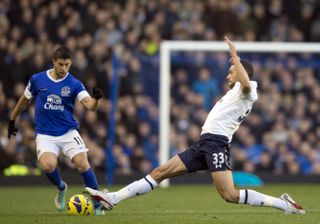 Tottenham's Steven Caulker stretches to reach a ball ahead of Everton's Kevin Mirallas in a Premier League game in December 2012.