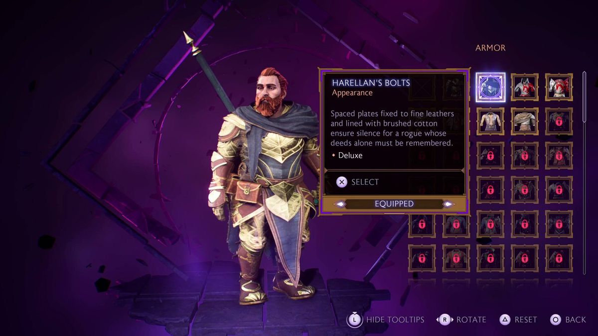 Dragon Age Veilguard Deluxe Edition Harellan&#039;s Bolts gold armor worn by Rook