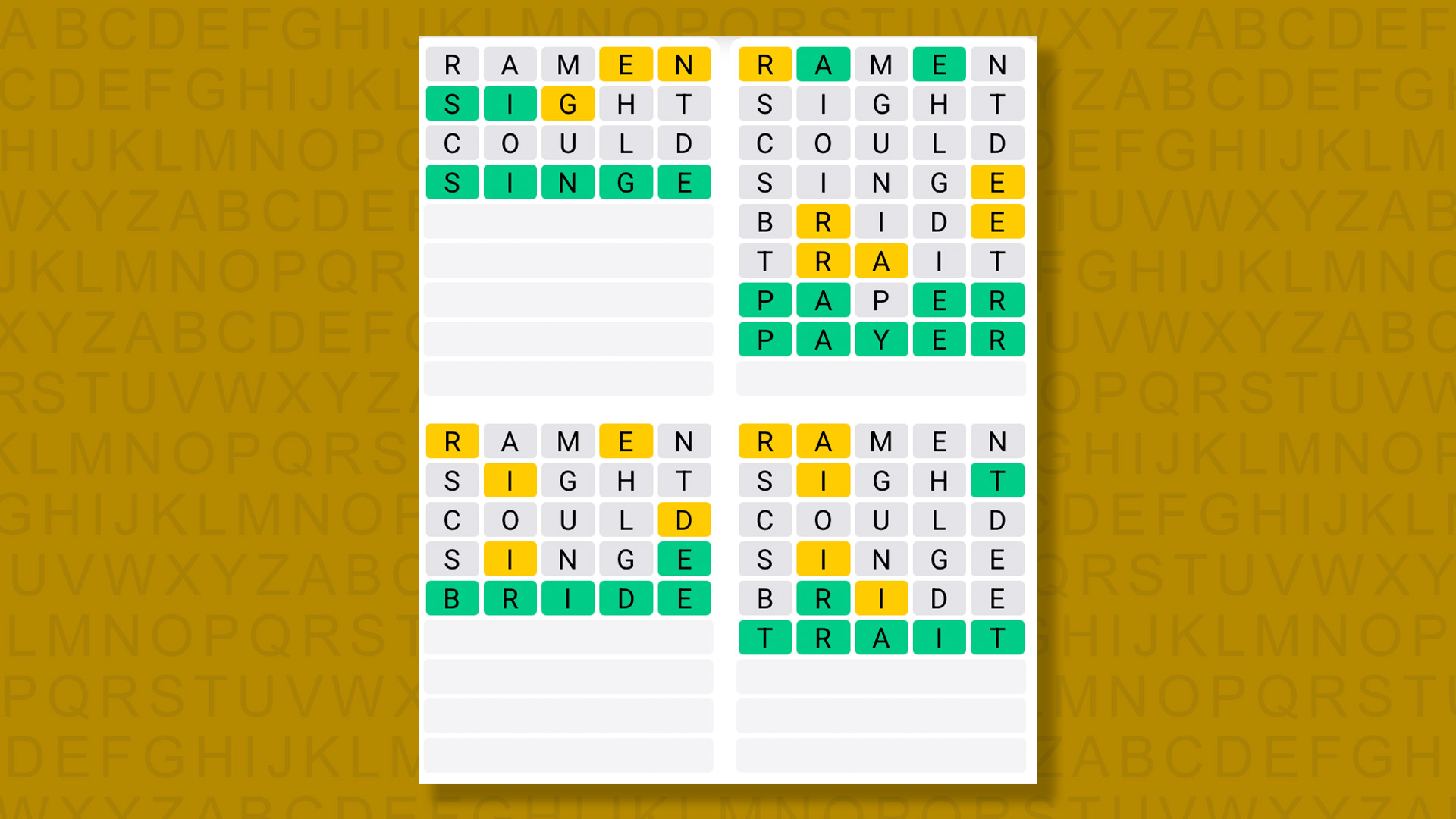 Quordle answers for game 1434 on a yellow background