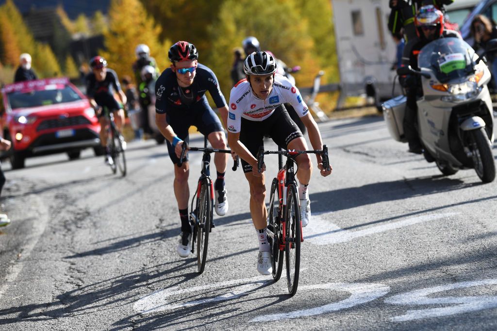 SESTRIERE ITALY OCTOBER 24 Jai Hindley of Australia and Team Sunweb White Best Young Rider Jersey Tao Geoghegan Hart of The United Kingdom and Team INEOS Grenadiers during the 103rd Giro dItalia 2020 Stage 20 a 190km stage from Alba to Sestriere 2035m girodiitalia Giro on October 24 2020 in Sestriere Italy Photo by Tim de WaeleGetty Images