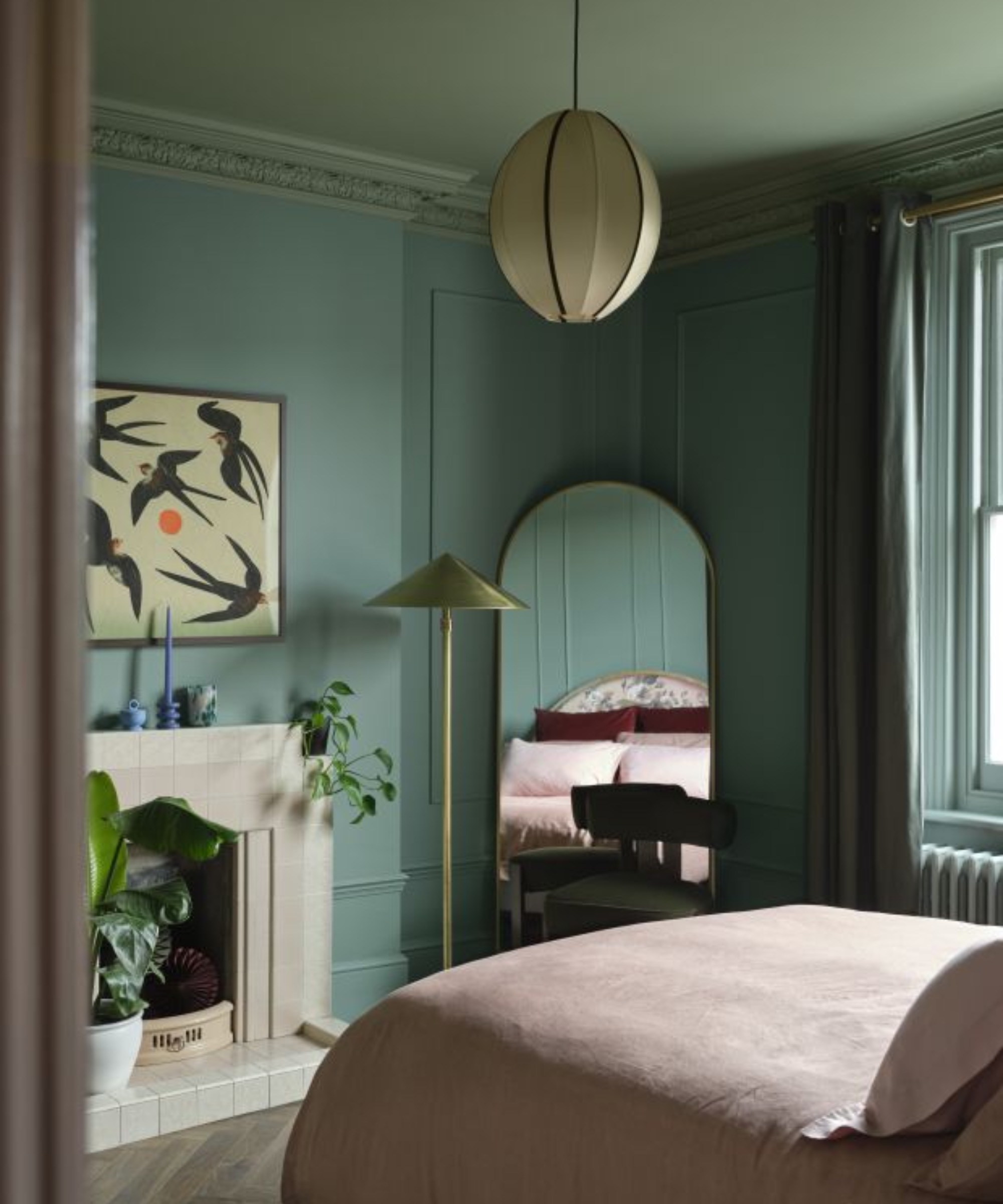 Green bedroom painted in Benjamin Moore, Fort Pierce Green 712 and Herb Bouquet 460