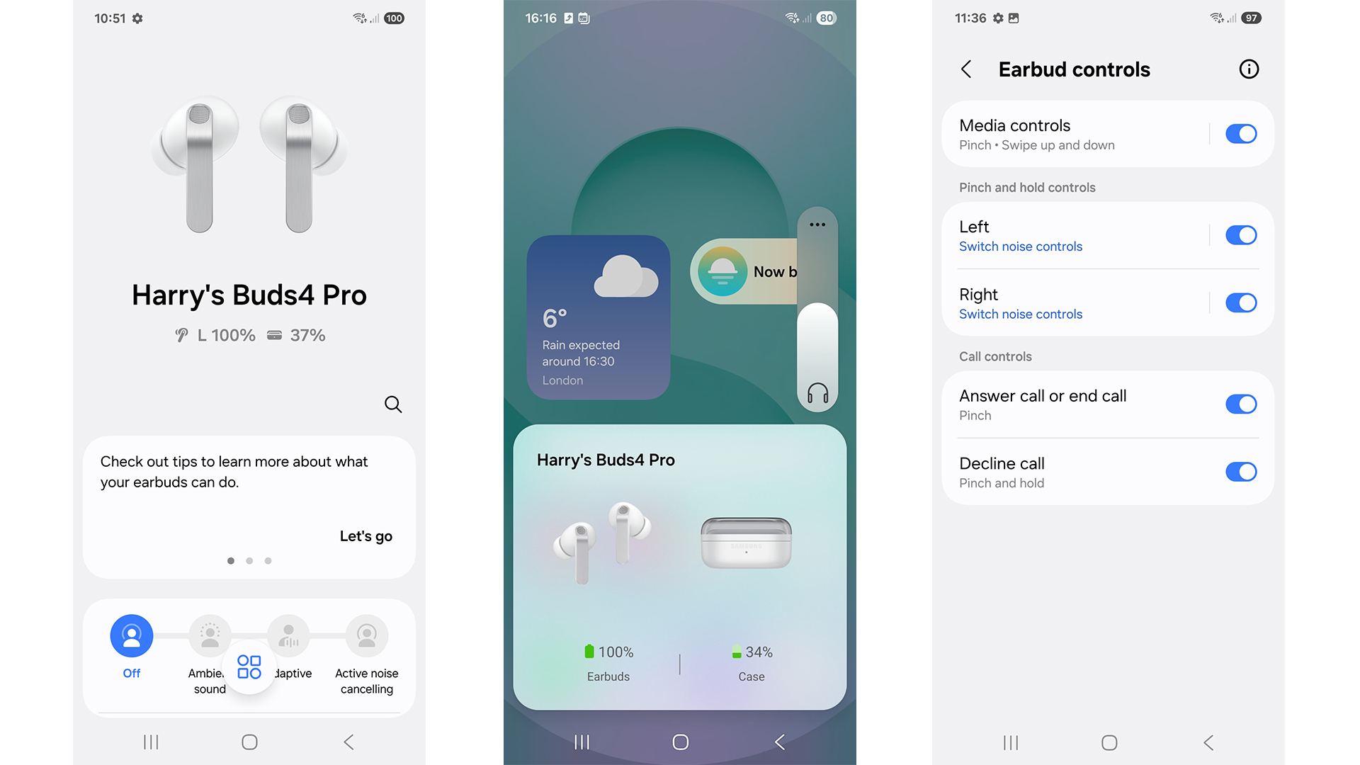 Samsung Galaxy Buds 4 Pro wireless earbuds app on three smartphone screens