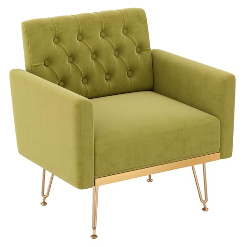 Hrveocei Olive Green Accent Chair for Living Room,bedroom | Mid Century Modern Velvet Armchair With Leg and Tufted Back,comfy Small Single Reading Chair (green)