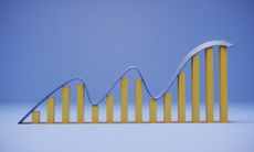 yellow bar lines with a blue moving average on top to symbolize long-term growth amid volatility