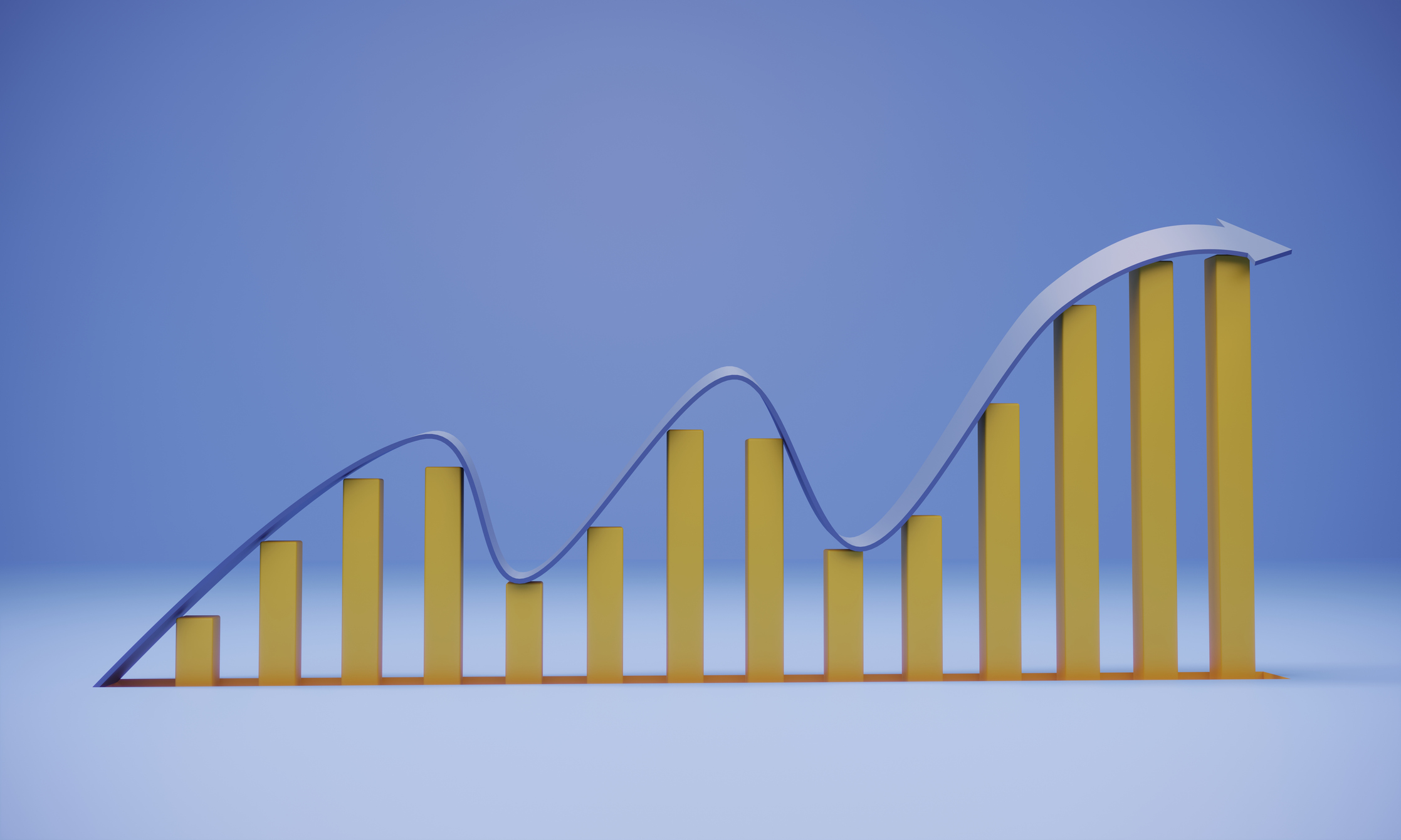 yellow bar lines with a blue moving average on top to symbolize long-term growth amid volatility