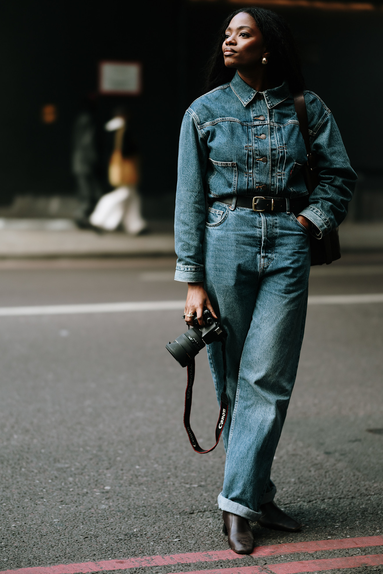 woman wearing denim-on-denim in London