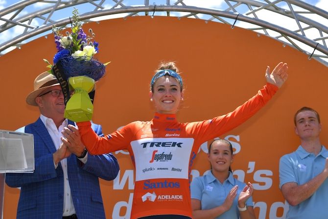 Letizia Paternoster (Trek-Segafredo) has the ochre leader's jersey after winning the opening stage of the 2019 Women's Tour Down Under