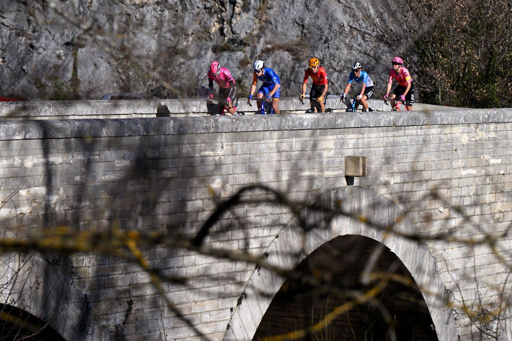MEJANNESLECLAP FRANCE FEBRUARY 03 LR Samuel Leroux of France and Team Van Rysel Roubaix Leo Danes of France and Team CIC U Nantes Atlantique Jonas Iversby Hvideberg of Norway and Team UnoX Mobility Dries De Bondt of Belgium and Decathlon AG2R La Mondiale Team and Stefan Bissegger of Switzerland and Team EF Education EasyPost compete in the breakaway during the 54th Etoile de Besseges Tour du Gard Stage 4 a 15848km stage from MejannesleClap to MejannesleClap on February 03 2024 in MejannesleClap France Photo by Luc ClaessenGetty Images