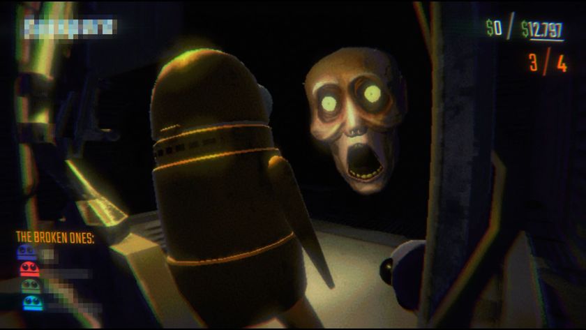 Screenshot from R.E.P.O, showing a scary ghoul face popping out of the shadows to spook a tin-man.