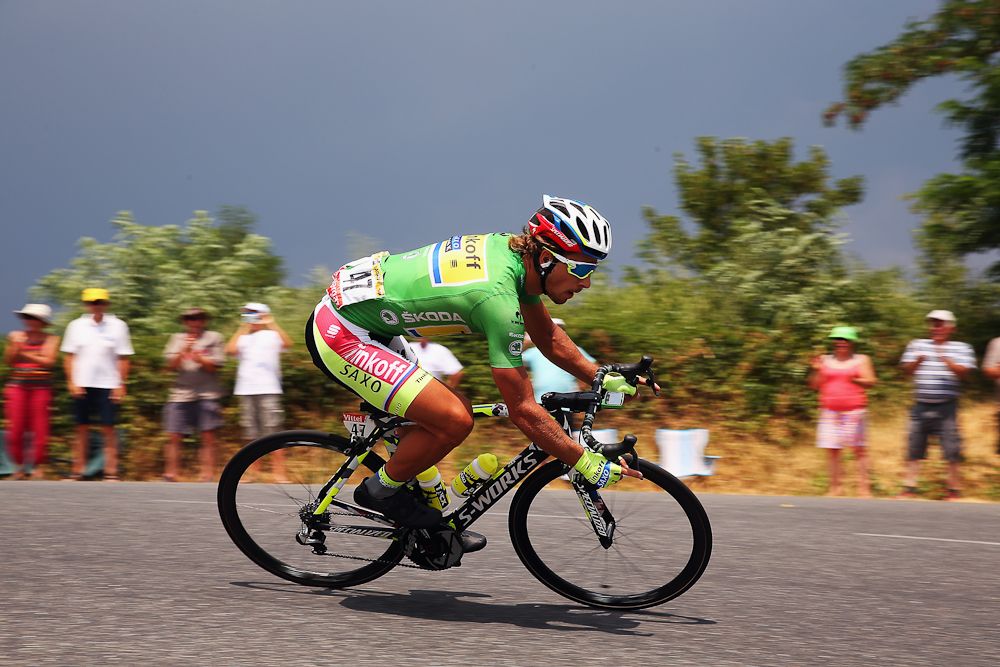 Peter Sagan takes a corner during stage 14.
