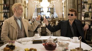 Michael Sheen as Aziraphale and David Tennant as Crowley at the Ritz in Good Omens Season 1