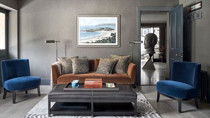 An example of dark living room ideas showing a living room with gray walls and orange and blue sofas