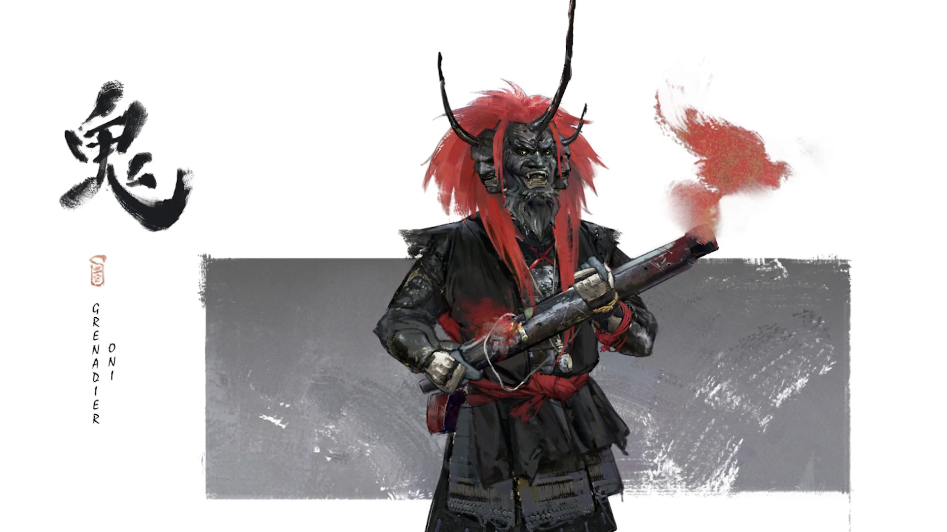 The Oni Grenadier wears a black demon mask, red hair and wields a black rifle spewing red smoke