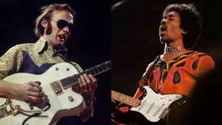LEFT: Stephen Stills and Manassas perform live on stage at Concertgebouw in Amsterdam, Netherlands in 1971. RIGHT: Jimi Hendrix performs on stage with a black Fender Stratocaster guitar at the 1970 Isle of Wight Festival, August 30th-31st August 1970.