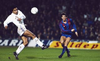 Real Madrid's Hugo Sanchez attempts to block a shot from Barcelona's Gary Lineker during a Clasico clash in 1987.