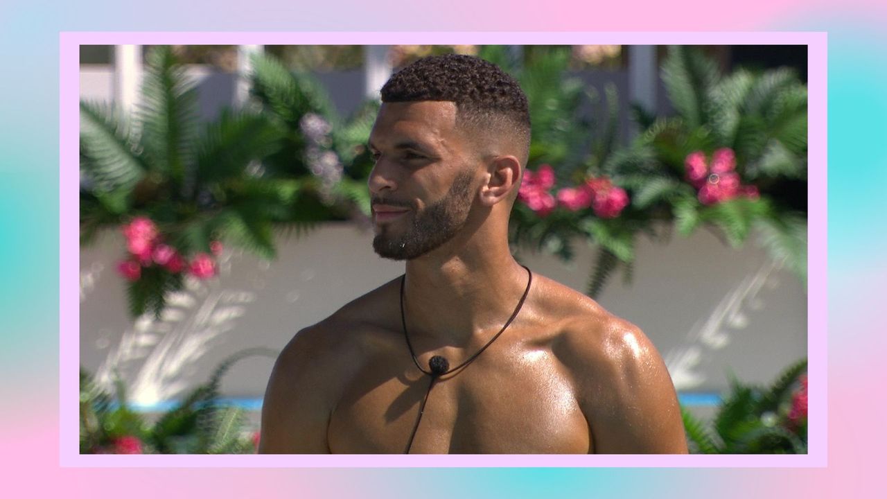 Love Island&#039;s Kai Fagan/ Kai pictured in the Love Island villa during episode 1 / in a pink and blue template