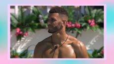 Love Island's Kai Fagan/ Kai pictured in the Love Island villa during episode 1 / in a pink and blue template