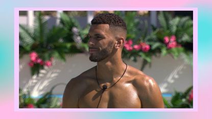 Love Island's Kai Fagan/ Kai pictured in the Love Island villa during episode 1 / in a pink and blue template