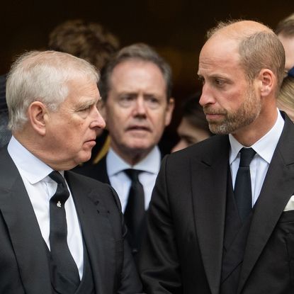 LONDON, ENGLAND - SEPTEMBER 16: Prince Andrew, Duke of York and Prince William, Prince of Wales attend the funeral of The Duchess of Kent at Westminster Cathedral on September 16, 2025 in London, England. Katharine, Duchess of Kent was married Prince Edward, Duke of Kent, the first cousin of Queen Elizabeth II. She died on September 4 at the age of 92 at Kensington Palace surrounded by her family. Having converted to Catholicism in 1994, her funeral takes place at Westminster Cathedral and is the first Catholic funeral to be held for a member of the royal family in modern British history. Her Royal Highness will be laid to rest at the Royal Burial Ground at Frogmore, Windsor. (Photo by Samir Hussein/WireImage)