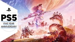 Key art for Horizon Forbidden West showing Aloy with spear in hand, surrounded by images of the supporting cast and prehistoric-style machine creatures, with the PS5 five year anniversary GamesRadar+ frame along the side
