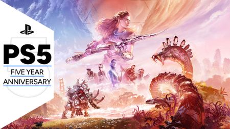 Key art for Horizon Forbidden West showing Aloy with spear in hand, surrounded by images of the supporting cast and prehistoric-style machine creatures, with the PS5 five year anniversary GamesRadar+ frame along the side