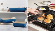 Williams Sonoma cookware sale buys including le creuset blue baking dishes and an all clad griddle with pancakes on top