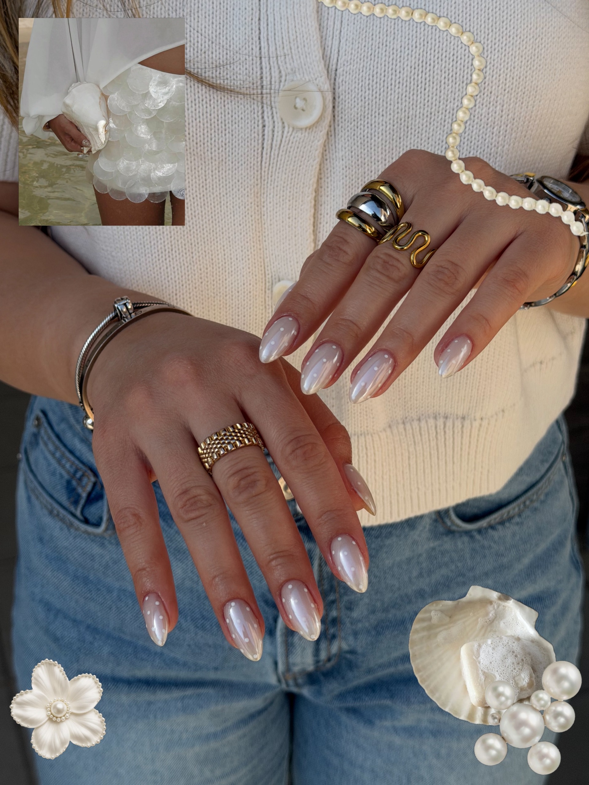 Long almond-shaped nails with milky white pearlescent swirls and tiny raised pearl dots