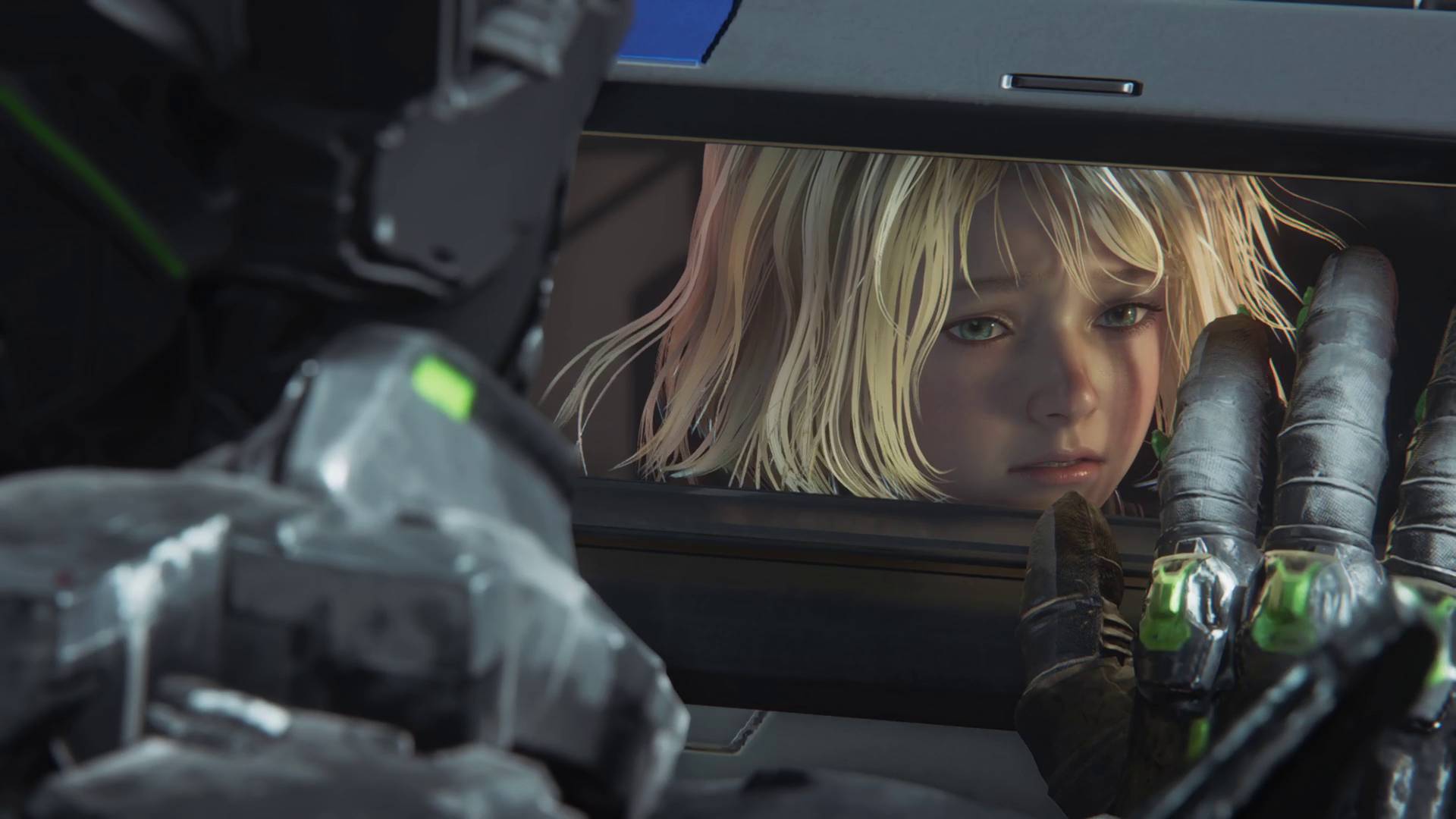 Pragmata ending diana inside cargo shuttle looking at Hugh's hand against the window